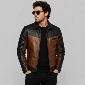 Blouson moto en cuir bicolore pour homme, marron et noir, fermeture éclair, col rabattable, coupe classique, style automne - Product Image 1