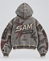 Veste à capuche zippée pour homme SAM TACTICAL, style streetwear oversize, patchwork, gris, polyester, avec poches et logo imprimé
