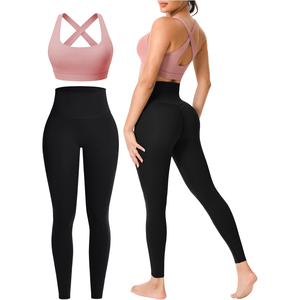 Conjunto de Leggings de Yoga de Cintura Alta en Color Sólido con Sujetador Deportivo con Tirantes Cruzados, Ropa Deportiva de Dos Piezas sin Costuras de Longitud Completa - Product Image 4