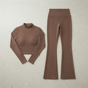 Conjunto de yoga para mujer, color gris carbón, top corto acanalado, sujetador deportivo, leggings de cintura alta, para gimnasio, fitness, entrenamiento, pilates, ejercicio - Product Image 5