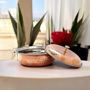Hammered <b>Copper</b> Serving Dish with Lid Brass <b>Knob</b> Handle Stainless Steel Lining Handcrafted Tableware - Product Image 6