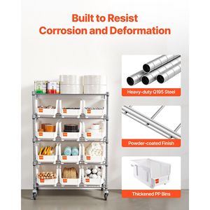 Sistema di scaffalature in acciaio a 5 livelli con ruote, 12 contenitori organizer, scaffale mobile per attrezzi con ruote per garage - Product Image 6