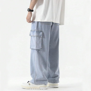 Top Selling Fabric Fashionable Custom <b>Light</b> Wash Cargo Jeans Men Wide Leg Denim Pants Multi Pocket Streetwear Durable Outerwear - Product Image 4