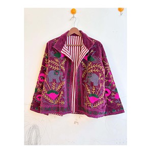 Exclusive Suzani <b>Velvet</b> Reversible Windproof Heated Breathable Stand Winter <b>Jacket</b> Hand Embroidered Regular Coat Boho Artisanal - Product Image 1