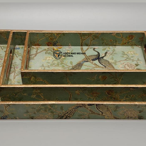 ชุดถาดเสิร์ฟลายเรขาคณิตสีเขียว 3 ชิ้น ทำจาก MDF และกระดาษ ถาดซ้อนกันได้ สำหรับตกแต่งบ้านสไตล์โมเดิร์นและใช้เสิร์ฟ - Product Image 4