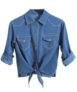Chemisier en jean chambray court pour femme, à nouer devant, manches 3/4 retroussables, boutonné, style décontracté western cowgirl, écoresponsable - Product Image 2
