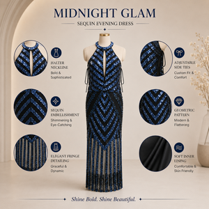 Vestido de Noche Largo con Lentejuelas Azul Marino de Lujo para Mujer, Cuello Halter, Diseño Geométrico, Elegante para Fiesta, Graduación, Boda, Cóctel - Product Image 5