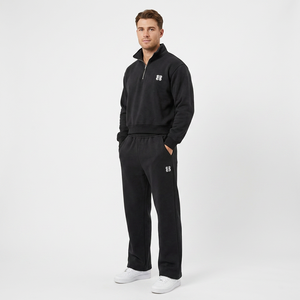 High Quality Breathable Cotton Men's Winter Casual Flock Print Fleece Quarter Half <b>Zip</b> <b>Hooded</b> Collar Sweatshirts Set Tracksuit - Product Image 2