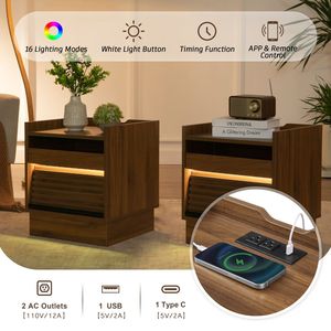 Comodino Moderno Stile Mid-Century con 2 Cassetti e Stazione di Ricarica LED, Tavolino da Notte con Luci LED - Product Image 4