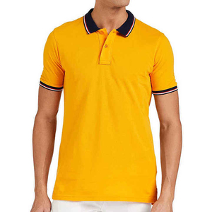 Men's Short Sleeve <b>Yellow</b> Polo Shirt Regular Fit Casual Cotton Pique Knitted Solid Color With Navy Collar And Cuffs - Product Image 1
