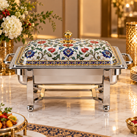 Plat à réchaud rectangulaire de luxe en acier inoxydable avec motif floral émaillé pour buffet
