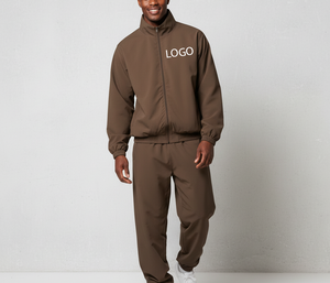 Ensemble de survêtement marron pour homme, couleur unie, col montant, veste zippée et pantalon, tenue décontractée d'hiver, en molleton tricoté respirant, style streetwear - Product Image 3