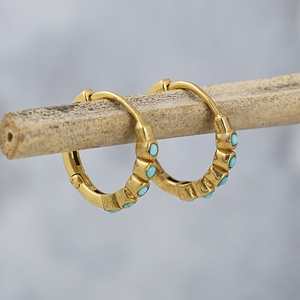 Wholesale <b>Gold</b> Plated Turquoise <b>Huggie</b> Hoop Earrings Handmade Boho Gemstone Earrings Fashion Jewelry for Women - Product Image 5