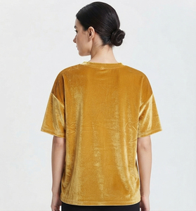 เสื้อยืดกำมะหยี่แขนสั้นผู้หญิง เนื้อผ้านุ่ม สวมใส่สบาย คอกลม เรียบง่าย รับผลิตแบบ OEM ODM เสื้อยืดกำมะหยี่ทรงหลวมสำหรับผู้หญิง - Product Image 2