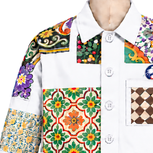 Chaqueta Blanca con Diseño de Mosaico, Estampado Floral Artístico, Estilo Casual con Botones, Manga Larga, Ropa de Calle, Moda, Venta al Por Mayor - Product Image 6