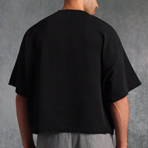 Camiseta Negra de Algodón 100% Tejida Oversize para Hombre, Cuello Redondo, Manga Corta, Casual, con Logo Frontal Sólido, Antiencogimiento, Largo Regular, 280g - Product Image 4