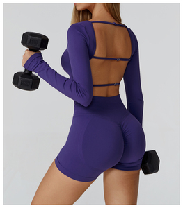 Purple 2 Piece Yoga <b>Set</b> <b>Square</b> Neck Long Sleeve Crop Top High Waist Shorts Sweat Wicking Seamless Design - Product Image 2