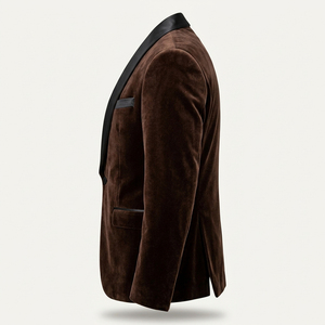 Espresso Chocolate Brown <b>Velvet</b> <b>Blazer</b> for Men Black Satin Shawl Collar Single Button Smoking Jacket Lounge Dinner Look - Product Image 2
