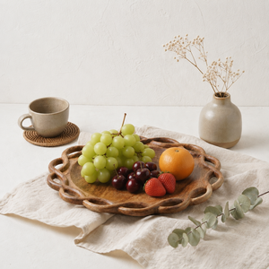 Vintage Luxury Acacia Wood <b>Dinner</b> Plate Hand Carved Braided Rim Decorative Display Dish Premium Round Wooden Salad Serving <b>Tray</b> - Product Image 4