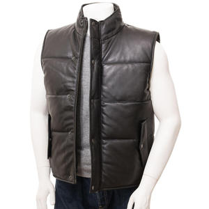<b>Men's</b> <b>Black</b> Genuine Leather Stand Collar Padded <b>Vest</b> With Zipper Closure Windproof Winter Outerwear - Product Image 2