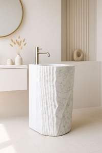 Élégant lavabo sur colonne en marbre moderne avec égouttoir pour projets de salles de bain d'hôtels et d'entrepôts - Product Image 2