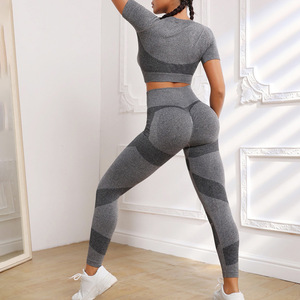 Gray Color Blocking Racerback <b>Crop</b> Top High Waist <b>Leggings</b> 2 Piece Yoga Set Seamless Four-Way Stretch Full Length - Product Image 2