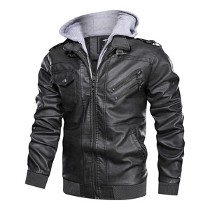 Blouson moto en cuir noir pour homme, col montant, fermeture éclair, coupe ajustée, à capuche, couleur unie, pour l'automne, manches classiques - Product Image 1