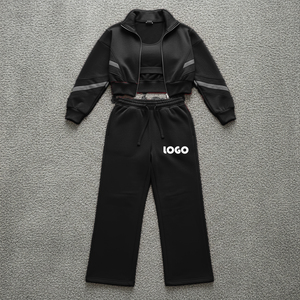 High Quality Cotton Fleece Sweatshirt <b>Set</b> Custom Women's <b>Embroidery</b> Full Zip up Hoodies Joggers <b>Set</b> Clothing Manufacturers - Product Image 1