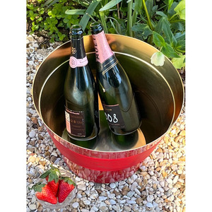 Elegant Red Curved Design Patterned Galvanized Steel Wine <b>Ice</b> Bucket With Gold Interior Premium Party Beverage Tub Supply - Product Image 4