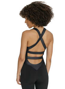 Mono Deportivo Elástico de Una Pieza para Mujer, Diseño Sólido, Negro, Sin Mangas, Cuello Redondo, con Banda en la Cintura - Product Image 4