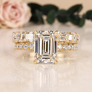 Luxury <b>Emerald</b> Cut Moissanite Three Stone Engagement <b>Ring</b> Matching Wedding Band Set Sterling <b>Silver</b> Rhodium Plated Bridal - Product Image 2