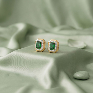 Pendientes de Lujo con Baño de Rodio, Corte Esmeralda, Diseño Geométrico con Halo, para Uso Diario, Oro 10K 14K 18K, Plata 925 935 - Product Image 1