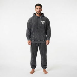 Conjunto de Sudadera con Capucha y Pantalones Deportivos Oversize para Hombre, Color Carbón, con Lavado Ácido, Hombros Caídos, Bolsillo Canguro y Cordón Ajustable, Estilo Casual de Dos Piezas - Product Image 1
