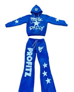 Ensemble de sweat à capuche zippé brodé surdimensionné pour hommes pantalon de survêtement évasé lavé à l'acide lourd imprimé de grande taille vieilli - Product Image 4