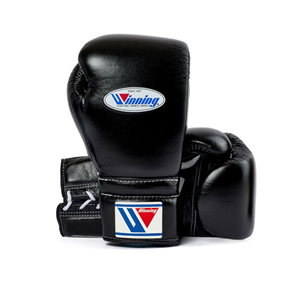 ถุงมือชกมวย Pro Winning ขนาด 14oz 16oz สีดำ ปรับแต่งได้ ถุงมือฝึกซ้อมคิกบ็อกซิ่ง แบบผูกเชือกและสายรัดแบบ Hook & Loop หนังแท้ - Product Image 1