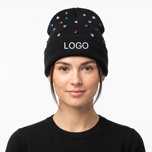 Bonnet d'hiver tricoté personnalisé brodé, chaud et doux, avec perles et strass, en acrylique noir, pour femme - Product Image 6