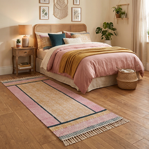 Tapis de sol artisanal en coton, style bohème, lavable, antidérapant, écologique, imprimé au bloc, tissage plat, pour salon, chambre, intérieur - Product Image 5