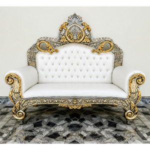 Latest Design Modern Style Wedding Sona Chandi <b>Sofa</b> Set Luxury White Tufted <b>Sofa</b> With <b>Gold</b> Ornate Carving <b>Sofa</b> Set - Product Image 1