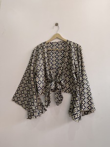 Chemisier en soie vintage assorti, imprimé, à nouer devant, pour femmes - Product Image 4