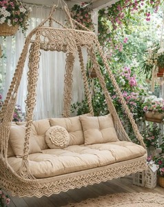 Silla Colgante Doble de Macramé Estilo Boho |   Columpio Colgante Hecho a Mano en Color Beige |   Columpio de Jardín y Terraza con Cojines - Product Image 2