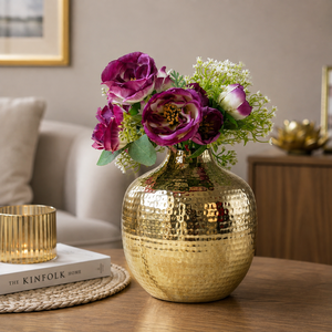 Florero de latón martillado hecho a mano |   Jarrón Decorativo de Metal Dorado |   Centro de Mesa Redondo para Decoración del Hogar |   Jarrón de Latón al por Mayor - Product Image 4