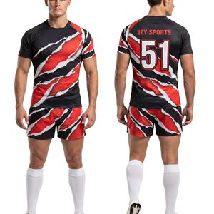 Tenues de rugby géométriques rouges en polyester respirant, maillot et short de club sportif, ensembles de tenues de rugby - Product Image 1