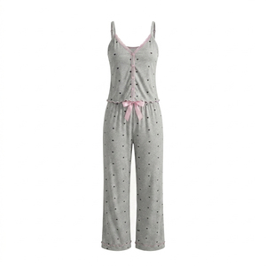 Wholesale Custom Soft Cotton Loungewear for Women Lace <b>Trim</b> Hearts Print Cami Top & Pajama Pants Set Plus Size Sleepwear - Product Image 1