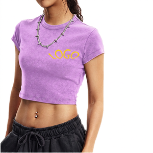 Women's <b>Cropped</b> Crew Neck T-Shirt Solid Color Short Sleeve Knitted Cotton Breathable Casual Front Logo Design - Product Image 6