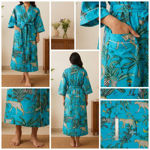 Bata de baño estilo kimono boho safari para mujer, 100% algodón, estampada a mano, maxi vestido, ropa de playa térmica de verano tejida - Product Image 3