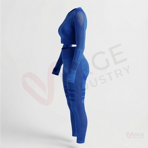 <b>Women</b> <b>Navy</b> Blue Long Sleeve Crop Top High Waist <b>Leggings</b> Yoga 2 Piece Set - Product Image 3