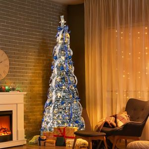 Albero di Natale Artificiale Pre-Illuminato da 2,1 m con 200 Luci Calde, Effetto Neve e Decorazioni Blu e Argento per Decorazioni Natalizie Domestiche - Product Image 5