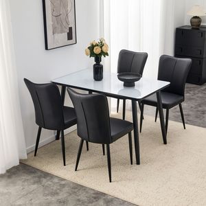Tavolo da Pranzo Moderno Bianco con Effetto Marmo, Piano in Vetro, Base in MDF Nero e Gambe in Metallo Nero, Set Tavolo e Sedie - Product Image 2