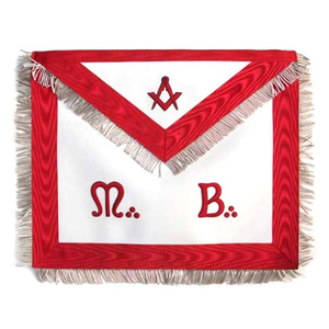 Tablier maçonnique personnalisé fait main en cuir, tissu blanc, bordure en ruban rouge, trois emblèmes rosettes, Rite écossais des Francs-Maçons - Product Image 3
