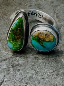 Raw Natural Turquoise Bezel Setting 925 Sterling Silver Two Stone Open Ring for <b>Wedding</b> & Party Everyday Wear Unisex Jewelry - Product Image 1